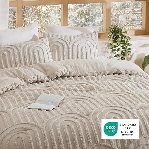 Bedsure Boho Tufted Queen Comforter Set - Beige Boho Bedding Comforter Sets, 3 Pieces Farmhouse Shabby Chic Embroidery Bed Set, Soft Fluffy Cozy Arch Pattern Comforter for All Seasons thumbnail 4