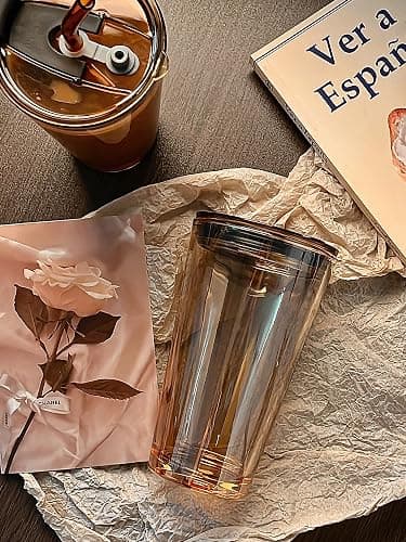 Olvini 15oz Glass Tumbler with Straw and Lid, Cute Iced Coffee Cups, Aesthetic Glass Cups, Coffee Tumbler, Water Cup, Matcha Cup, Drinking Glasses (Amber) thumbnail 3