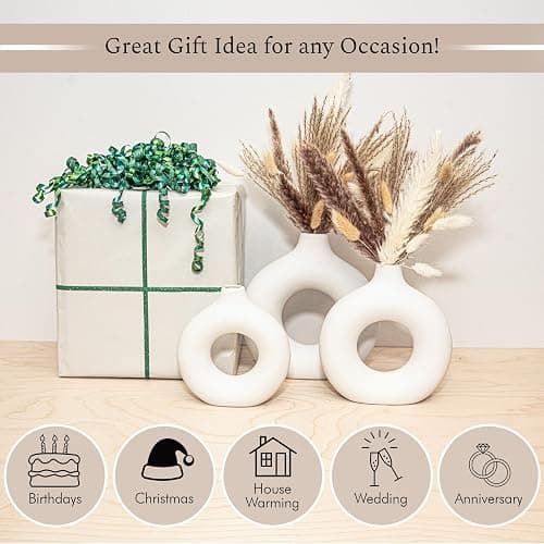 VELOVA Set of 3 White Ceramic Vase with 65 PCS Dried Pampas Grass Flowers Aesthetic Boho Modern Small Round Cute Vases for Decor Living Room Coffee Table Shelf Bedroom Office Desk Home Gifts Women Mom thumbnail 7