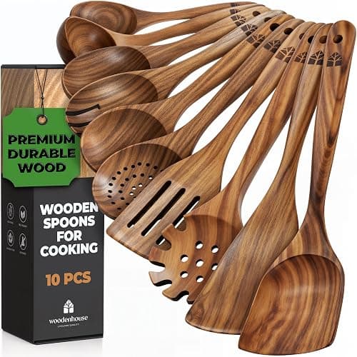 Wooden Spoons for Cooking, 10 Pcs Wooden Cooking Utensils Set – Wooden Utensil Set for Nonstick Pans & Cookware – Teak Wood - Sturdy, Lightweight & Heat Resistant - Image 1