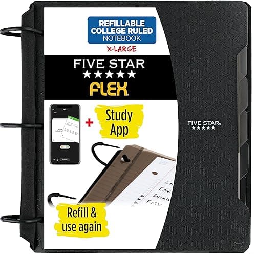 Five Star Flex Refillable Notebook + Study App, College Ruled Paper and 1-1/2 Inch TechLock Ring Binder with Pockets, Tabs and Dividers, 300 Sheet Capacity, Black (29324AA2) - Image 1