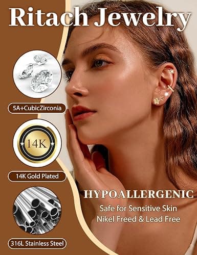 Small Gold Stud Earrings Set for Women - 14K Gold Plated CZ Huggie Hoops Hypoallergenic Earrings Dainty Flower Heart Stud Earrings for Jewelry Gift thumbnail 3