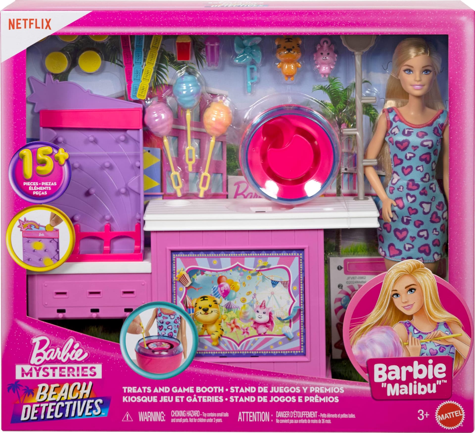 Barbie Mysteries: Beach Detectives Malibu” Doll & Cotton Candy Game Booth Playset with 20 Accessories Including Prizes, JFV67 thumbnail 6