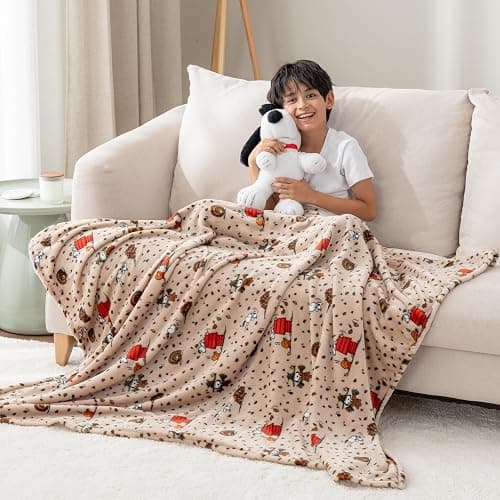 Berkshire Blanket Peanuts® VelvetLoft® Cute Character Snoopy Plush Oversized Kids Throw Blanket, Peanuts Snoopy and Woodstock Harvest Combo Linen (50in x 60in) thumbnail 2