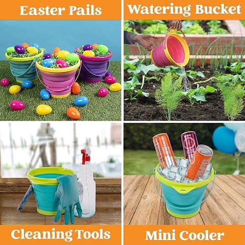 JOYIN Foldable Beach Bucket Set - 3 Packs Collapsible Toy Buckets with Shovels and Mesh Backpack for Kids Toddlers Party, Camping Gear, Travelling, Fishing Water Pail (Pink/Purple/Green) thumbnail 7