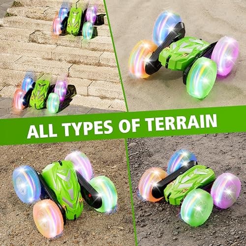 Amicool Remote Control Car for Boy 6-12 with Flashing Light, 6 7 8 9 Years Old Boy Toys, Race RC Cars Stunt Drift 4WD 2.4Ghz Double Sided 360° Flip, Boys Gift Idea for Kids Birthday Christmas, Green thumbnail 5
