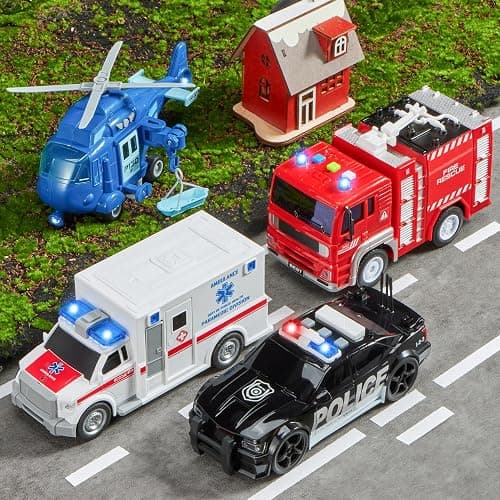 JOYIN 4 Packs Emergency Vehicle Toy Playsets, Friction Powered Vehicles with Light and Sound, Including Fire Truck, Ambulance, Play Police Car and Helicopter, Christmas Toddler Kids Boys Gifts thumbnail 2
