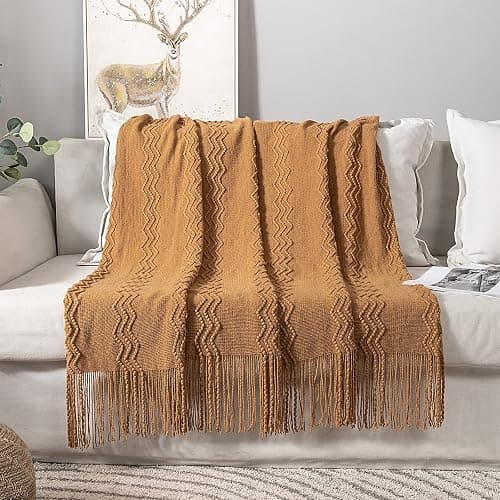 MIULEE Knitted Brown Throw Blanket for Couch,Boho Bed Decor Knit Outdoor Blankets Throw Size with Tassels Cozy Woven for Sofa Home Chair Wave Pattern 50" x 60" Inches thumbnail 5