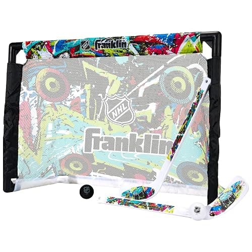 Franklin Sports NHL Kids Mini Hockey Set - Includes (1) Knee Hockey Goal, (2) Mini Sticks + (2) Foam Balls - Indoor Toy Youth Goal + Sticks Set - Graffiti - Image 1