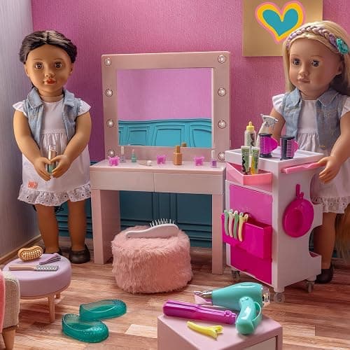 Our Generation – 18-Inch Doll Accessories – Pink Vanity Table Playset – Light – up Mirror – Pretend Make – up & Styling Items – 3+ Years– Glam & Glow Vanity Set thumbnail 2