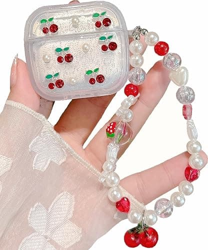JANDM 3D Cherry Case with Keychain for AirPods 4, Clear Diamonds Aesthetic Shockproof Cover with Cute Pearl Strap for Women Girls Protective Cover - Image 1