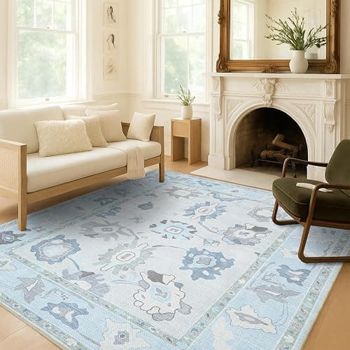 Fame Living Cream Blue Oushak Rug, Modern, Vintage, Turkish, Eclectic, Floral, Pastel, Washable, Area Rugs for Living Room, Dining, Bedroom, Office, Entryway, Foyer, Playroom, Nursery, 5'x6'9" - Image 1
