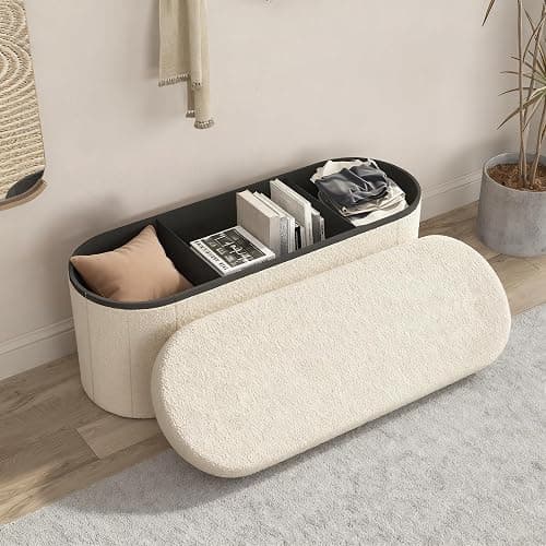 GLAXYFUR Oval Ottoman with Storage for Living Room, Sherpa Bench, Beige | 43.3 Inches Folding Chest, Foot Rest, End of Bed Bench for Bedroom, Hallway - Image 1