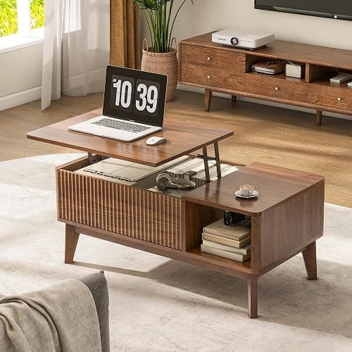 LYNCOHOME Fluted Lift Top Coffee Table with Storage, Modern Coffee Table for Living Room, Home Office（Walnut thumbnail 6