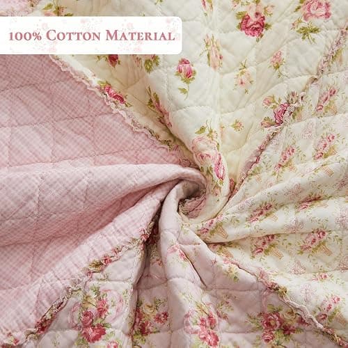 Cozyholy Queen Size Quilt Set 3-Piece, 100% Cotton Patchwork Quilt, Pink Floral Reversible Shabby Chic Bedding Bedspread for All Season, Soft Quilted Blanket with 2 Pillow Shams Machine Washable thumbnail 4