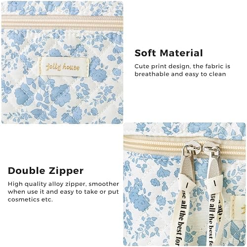 HBselect 3 PCS Quilted Makeup Bag, Cotton Large Travel Makeup Bag, Cute Floral Coquette Make up Bag Cosmetic Bag Toiletry Bag for Women Girls thumbnail 5