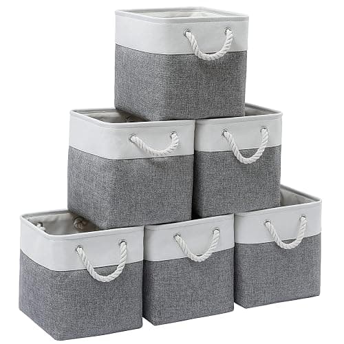 MidmmVick 11 x 11 Inch Cube Storage Bins, 6 Pack Large Collapsible Fabric Storage Bin with Ropes, Foldable Storage Cubes for Home, Office,Closet, Clothes, Toys Organizer (White & Grey-11"x11"x11") - Image 1