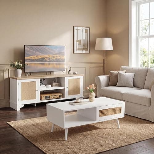 IDEALHOUSE 2 Piece Living Room Set, 62" TV Stand Coffee Table, White | Rattan TV stand and matching coffee table provide concealed storage and display space for an organized living room setup thumbnail 9