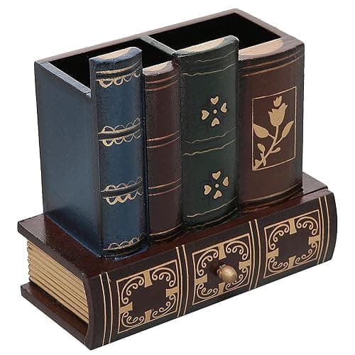 MyGift Decorative Desk Organizer Caddy, Pencil and Pen Holder with Bottom Storage Drawer and Antique Library Books Design - Image 1