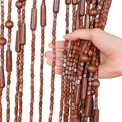 Foreate 52 Strands Beaded Curtain for Doorway Handmade Bamboo Wood Door Beads Hanging Room Divider Bohemian Hallway Window Hippie Curtains Rustic Home Bedroom Decor 35.5" x 75" Brown - Brown - Image 1