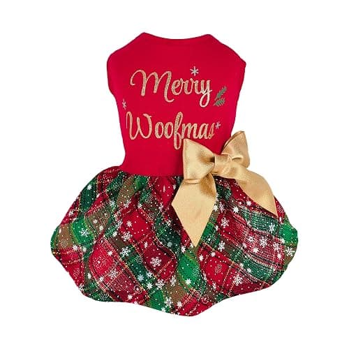 Fitwarm Merry Woofmas 100% Cotton Dog Christmas Outfits Girl Dog Holiday Dress Lightweight Doggie Costume Puppy Clothes Pet Apparel with Bowknot Cat Clothing Red Small - Image 1