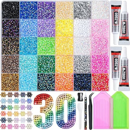 LOTWOW 40000 Pcs Resin Jelly Rhinestones Kit, 30 Colors 3mm Flatback Rhinestones with 4 Pcs B7000 Jewelry Glue & Tools, All-in-One Bedazzling Kit for DIY Arts & Crafts Gifts - Image 1
