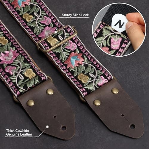 Nefelibata Guitar Strap,Jacquard Embroidery Cotton Guitar Straps with Crazy Horse Leather Ends for Bass, Electric & Acoustic, Best Gifts for Guitarists(Elegant Pink Flower Embroidery) thumbnail 3