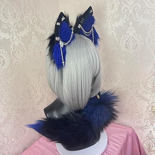Cat Fox Wolf Ears and Tail Set - Plush Cosplay Clips Headband and Tail for Halloween, Costume Accessories,Gothic Punk 02ALL thumbnail 5