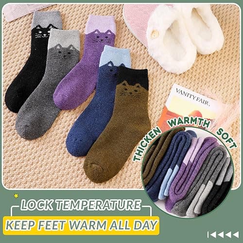 Velice Women Wool Socks Thick Thermal Hiking Warm Winter Crew Cushion Cozy Work Boot Socks 5 Pairs thumbnail 3