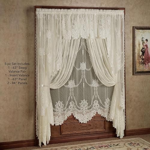 Romantic Garland Lace Window Treatments, Ivory, Set of 5 | Hand-Cut Floral & Leaf Designs, Fine-Gauge Polyester Jacquard Lace, Insert Valance, 63L Swag Pr, 1-63L Panel, 2-84L Panels thumbnail 2