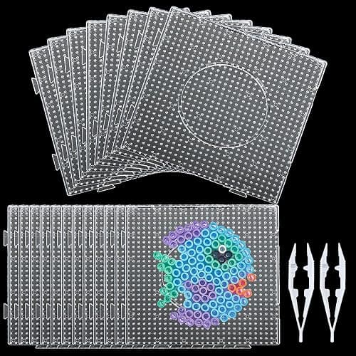 FVIEXE 18PCS 5mm Fuse Bead Pegboards, Large Plastic Fuse Beads Boards with 2 Beads Tweezers, Melty Beads Square Peg Boards Kit for DIY Craft - Image 1