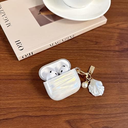 for Airpods 4 Case Cover - Soft TPU Protective Case for Apple Airpod 4 Generation 2024 with Shell Pearl Keychain, Glitter Shell Pattern Airpods 4 Cover for Girls Women, Dazzling White thumbnail 3