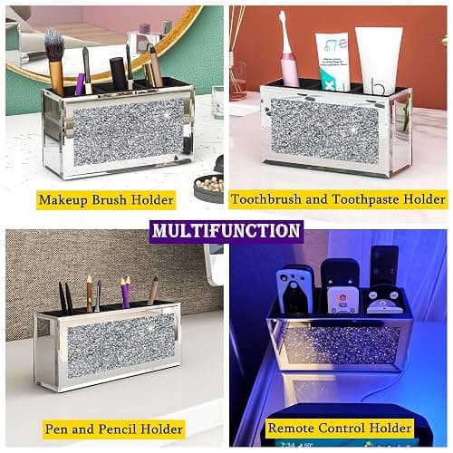 SHYFOY Mirrored Makeup Brush Holder Organizer, 3 Slot Glass Cosmetics Brushes Storage Holders with Crystal Crushed Diamond, Cute Pen and Pencil Holder for Desk, Eyeliners Display Case for Vanity thumbnail 5