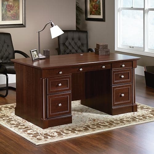 Sauder Palladia Office Desk with Drawers, Executive Desk with File Cabinet Storage, Cable Management, Keyboard Tray, in Select Cherry Finish thumbnail 2