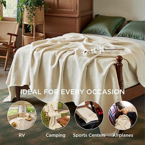 Bedsure 100% Cotton Muslin Blanket Queen Size for Bed - 4-Layer Breathable and Lightweight Thin Soft Summer Gauze Muslin Blankets for Adults, Linen Beige, 90x90 Inches thumbnail 5