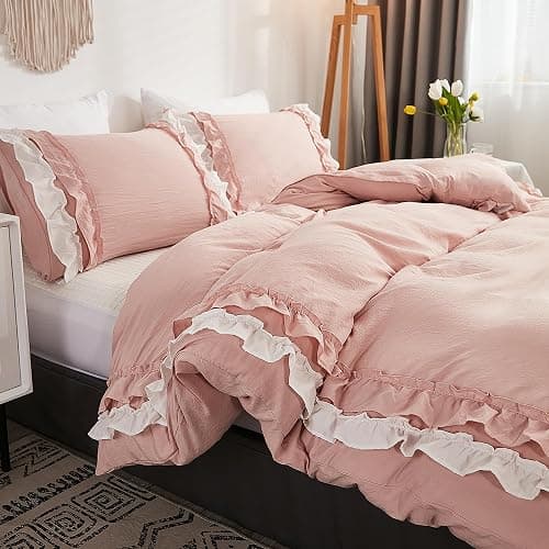 GETIYA Rosa Rüschen Bettwäsche 200x220 Weich Mikrofaser Bettwäsche Teenager Mädchen Damen Bettbezug Rüschen Dekoration Romantisch Rosa Bettwaesche Doppelbett mit 2 Kissenbezug 80x80 thumbnail 2