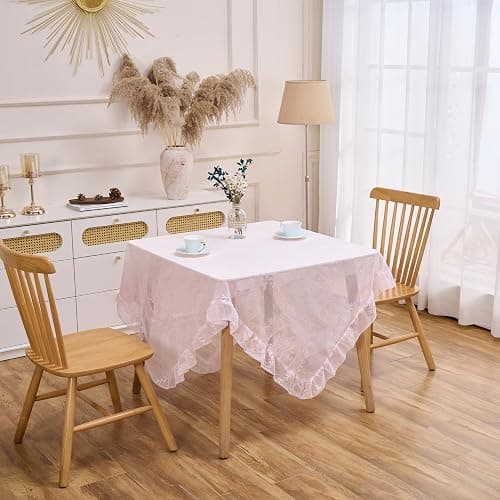 Raedan Pink Floral Embroidered Lace Square Tablecloth 55”x55” Vintage Table Cover (Pink, 55”x55”, Square) thumbnail 2