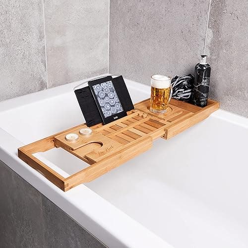 Lux Bath Extendable Bath Caddy | Hands-free Bath Tray to Safely Hold Your Tablet, Phone, Wine Glass and Candles | Fits Any Standard Bath | Non-slip, Water-resistant, and Made from Natural Bamboo thumbnail 3