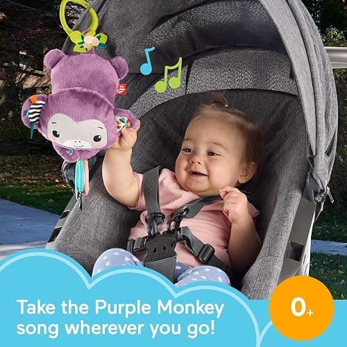 Fisher-Price Baby Stroller Toy Sing & Go Purple Monkey Musical Sensory Plush with Crinkle & Clackers for Newborns from Birth+ thumbnail 3