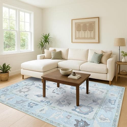 Fame Living Cream Blue Oushak Rug, Modern, Vintage, Turkish, Eclectic, Floral, Pastel, Washable, Area Rugs for Living Room, Dining, Bedroom, Office, Entryway, Foyer, Playroom, Nursery, 5'x6'9" thumbnail 2