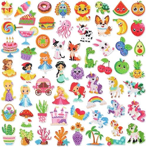 sinceroduct 60 Pcs 5D Diamond Art Stickers for Kids, 6 Theme Designs Diamond Art Kits and Diamond Painting for Kids, Diamond Art Accessories Best Gift for Girls Boys - Image 1