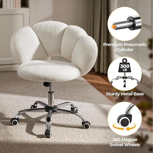 Yaheetech Boucle Upholstered Desk Chair Cloud-Shaped Vanity Chair Adjustable Home Office Computer with Rolling Wheels for Living Room, Bedroom White thumbnail 6