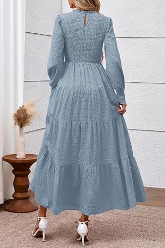 PRETTYGARDEN Women's Long Sleeve Maxi Dresses 2025 Fall Casual Smocked Trim Neck Swiss Dot Tiered Flowy Wedding Guest Dress thumbnail 5