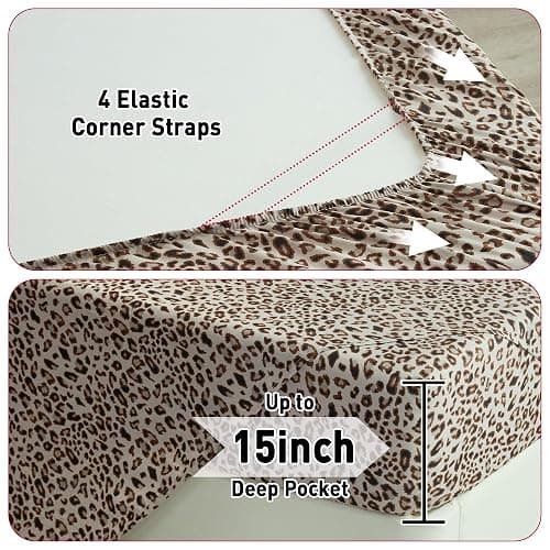 Drozeeo Queen Leopard Print Sheets, Cheetah Pattern Queen Size Sheet Set with Elastic Corner Straps, Soft Microfiber Animal Bedsheet, Brown thumbnail 7