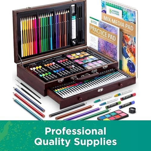 Norberg & Linden 144-Piece Art Set in Wooden Box with Drawer - Art Set for Adults, Teens, Kids - Premium Art Supplies - Includes Watercolors, Oil Pastels, Crayons, & More thumbnail 5