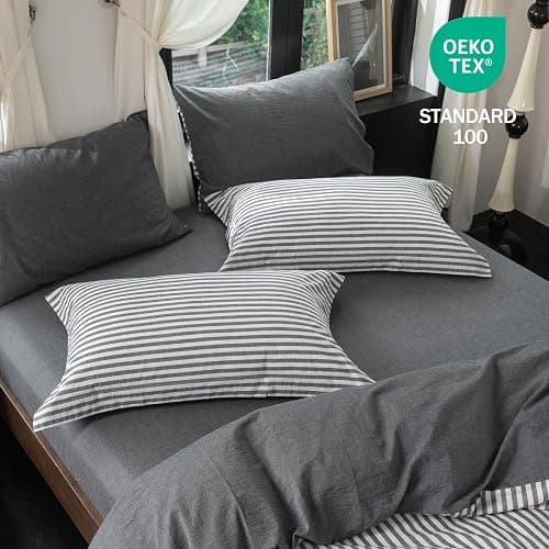 Warm Moment 3Pcs Reversible Grey White Medium Striped King Duvet Cover Set | Solid Grey Reverse,Linen Feel,Washed Cotton,1 Duvet Cover & 2 Pillow Shams,Hidden Zipper,Soft Breathable8 Corner Ties thumbnail 6