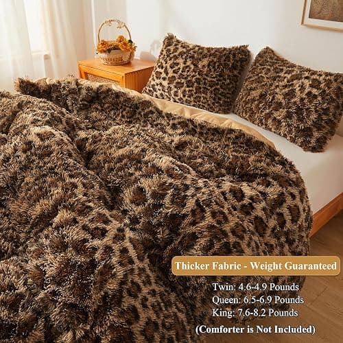 XeGe Cheetah Print Fluffy Faux Fur Duvet Cover Set, 3 Pieces Soft Plush Shaggy Fuzzy Bedding Set(1 Faux Fur Leopard Print Comforter Cover + 2 Furry Pillowcases), Zipper Closure(Queen, Brown) - Queen - Cheetah Print Brown thumbnail 3
