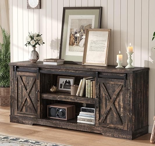 AMERLIFE 66" Farmhouse TV Stand for 75 Inches TVs, Entertainment Center with Sliding Barn Door and Adjustable Shelf & Feet, Console Table with Storage, Dark Rustic Oak thumbnail 5