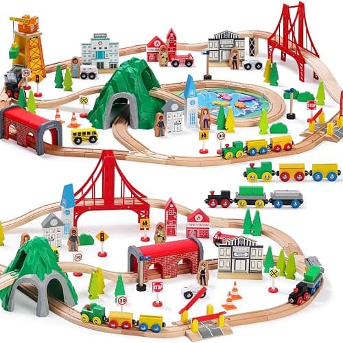 SainSmart Jr. 112-Piece Wooden Train Set for Toddler – Double-Sided Train Tracks, Compatible with Brio, Thomas, Melissa & Doug – Perfect Wood Toy for Boys and Girls - Image 1