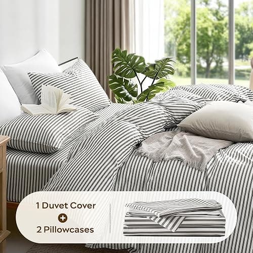 JELLYMONI 100% Cotton Classic Striped Queen Duvet Cover Set, Grey | Breathable Softness, Oeko-Tex Certified, Classic Stripes, 8 Corner Ties & Double Hidden Zipper thumbnail 6